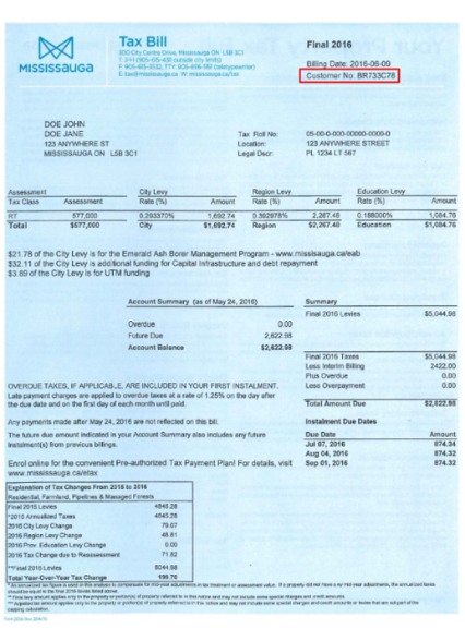 Canada Mississauga tax bill in PSD format